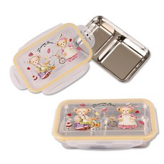 키즈마트 26716-데니베어 2구 잠금형스텐 미니간식도시락(2구락뚜껑간식접시) 영유아간식도시락 반찬통 소풍도시락, 1개