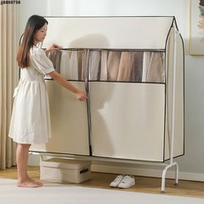 衣架防塵套 衣櫃防塵罩 晾衣桿防塵套 立體全封閉 加厚防潮, 1個, 米色【全封閉三拉鏈】適合單桿,25長50寬120高【不帶衣架】單拉鏈