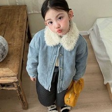 小不點兒 女童刷毛牛仔外套 冬季新款氣質毛領保暖外套 兒童加絨休閒牛仔外套