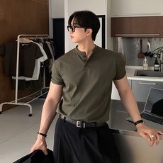 ANYOU 여름 남성 빅사이즈 오버핏 헨리넥 반팔 티셔츠