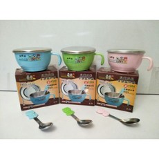 不鏽鋼隔熱碗 兒童碗 兒童餐具 不鏽鋼兒童碗 雙層防燙碗 304不鏽鋼手把兒童碗 11cmx5.8cm(台灣製造)一入, 1個, 藍碗附蓋附湯匙