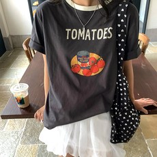 네모엔룩 토마토걸 여성용 배색 라운드넥 캐릭터 베이직 여름 반소매 티셔츠