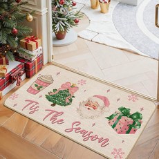 Mocsicka 크리스마스 도어 매트 귀여운 크리스마스 트리 리본 산타클로스 도어 매트 크리스마스 장식 핑크 겨울 휴일 환영 도어매트 미끄럼 방지 세탁 가능한 도어 러그 실외