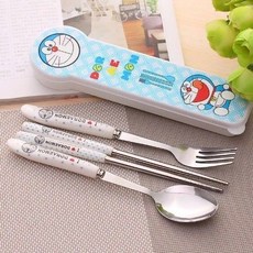 kitty餐具套裝 兒童貓貓不銹鋼餐具學生餐具兩件套便攜餐具可愛三件套套裝帶收納盒子, #機器貓\兩件套【叉筷】送盒, 1個