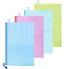 Kemcatui 4팩 A4 메시 지퍼 파우치 33 x 23.5cm(13 x 9.25인치) 투명 문서 파일 가방 여행 보관 학용품 정리 사무실 문서 및 홈 액세서리용, Kemcatui 4팩 A4 메시 지퍼 파우치, 33 x
