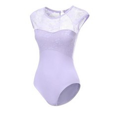 Lanbodance 여성용 반소매 발레 레오타드 성인용 댄스 체조 바디수트 라벤더/레이스 XL