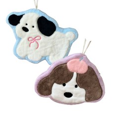 귀여운 강아지 극세사 욕실 핸드 타월 주방 타올 수건 걸이형 2종 세트, 1세트, 화이트+브라운