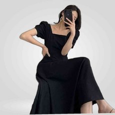 LETEO-나미나라 여자 결혼식 여름 하객 룩 패션 반팔 퍼프 롱 스모크밴딩원피스 원피스 검은색원피스쇼핑몰 30대여자쇼핑몰