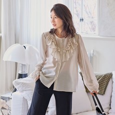 로로텐 프릴 라운드넥 긴팔 블라우스 여성 빅사이즈