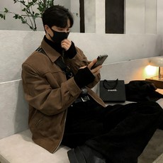 ANYOU 남성 스웨이드 숏 자켓 루즈핏 캐주얼 점퍼