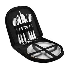 이스뎀 금속 캠핑 도구 세트 실버웨어 세트 2인용 재사용 가능한 여행용 식기 케이스 나이프 포크 스푼 접시 및 맥주 캡 오프너, 1개