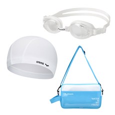 생존수영 키트 아레나 스판 수모+피닉스 아동 수경 PN-509J+피닉스 가방 PSB-500, 1개, 수경 화이트, 가방 블루 1개, 수경 화이트, 가방 블루