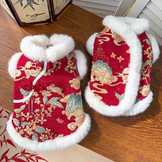 i豆寵物生活館 狗狗衣服加厚絨中國風玉兔寵物貓咪唐裝 過年喜慶服飾, 紅色祥雲玉兔盤扣款 (雙層加絨),S (胸圍35cm 1.2.5-2.5公, 1個