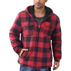 Unbowirtu 남성용 겨울 집업 후디 셰르파 플리스 격자무늬 재킷 드로스트링 플란넬 따뜻한 스웨트셔츠 두꺼운 헤비웨이트 코트 레드 L