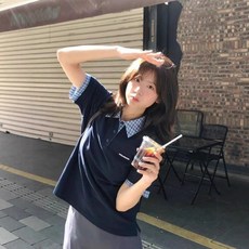 Yellwel 복고 느낌의 카라 디자인 여성용 겹쳐 입은 듯한 반팔 티셔츠 여름용 체크 패턴 DJP