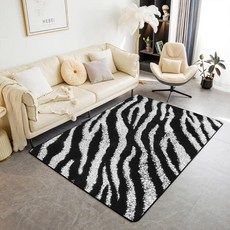 Jejeloiu Zebra Decor 카펫 부분 러그 7.6x12.7cm(3x5인치) 블랙 화이트 글리터 거실 러그 아동용 동물 프린트 실내 바닥 매트 여성 남성 청소년 기하학, 3'3" x 4'11" (Rectangular), 블랙 화이트 그레이
