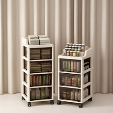 비움살림 이동식 수납장 다용도 트롤리 틈새 주방 거실 수납 선반, 3단, 화이트베이지