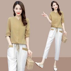 Ashysnow 캐주얼 세트 여성 여름 편안한 면 마 반팔 셔츠 캐주얼 9부 팬츠 투피스