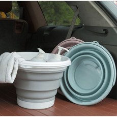 무지스 1+1 휴대용 접이식 물통 실리콘 버킷 바가지 야외 세차 캠핑, 접이식 버킷 타원형 블루 15L, 0ml