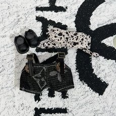 팝마트 라부부 미니 내마음속의 비밀번호 인형옷 데님 세트 팬츠 스카프 신발 모자 안경 카메라 세트, 4세대 미니 천을 착용할 수 있습니다  인형 없음, 데님 3피스 세트(팬츠+ 스카프+신발)