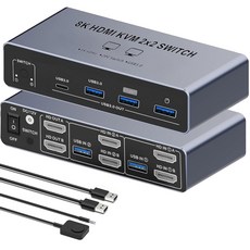 듀얼 HDMI KVM 스위치: 2 용 컴퓨터 8K HDMI2. USB 3.0 스위처 톱 키보드 마우스 프린터 확장 및 모드 공유, Gray, 8K KVM Switch 2 Monitors 2 Com