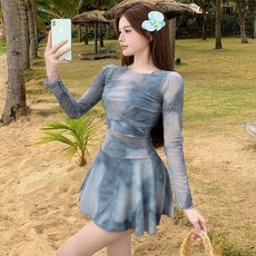 泳衣女新款連體裙式扎染長袖罩衫兩件套遮肉保守遮肚子泡溫泉泳衣, 灰色
