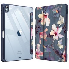 Fintie 아이패드 에어 11인치 M4/M3/M2 (2026/2025/2024) 5세대/4세대 (2022/2020) 10.9인치용 하이브리드 슬림 케이스 - 투명 뒷면 쉘, Blooming Hibiscus