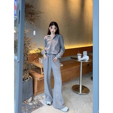 韓版連帽短款休閒長袖衛衣外套闊腿褲套裝女，OOTD平價潮流大尺碼女裝