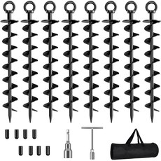 접지 앵커 나사 고정 너트 및 공구 스윙 세트가 있는 나선형 트램펄린 4팩 텐트 스테이킹 창고 카포트 모바일 홈 블랙용 고풍량 작업, 8 Pack, Black
