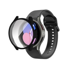 Galaxy Watch 鋼化玻璃貼膜全保護殼+矽膠扣錶帶套組, 黑色, 1組