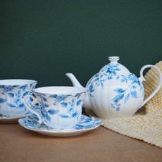 新骨瓷咖啡茶具組，500ml茶壺，優雅午茶組, 1個, 一壺兩杯 (茶壺跟咖啡杯分開包裝), 青花