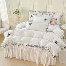 공주풍 이불세트 침구 4점 퀸사이즈 푹신한 화이트 핑크 리본 호텔