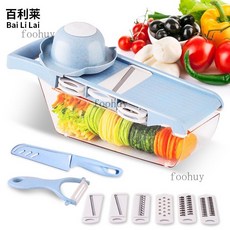 台灣出貨 熱賣 切菜器 削皮刀 多功能切菜器 土豆切絲器 刨絲器 擦絲器 切黃瓜絲切片神器 絞菜機 切絲 切片 刨絲, 小麥藍（配收納盒 送陶瓷刨护手器）, 1個