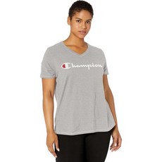 챔피온 여성 플러스 져지 V-넥 티셔츠 스크립트 로고, XX-대형_옥스포드 그레이-y07245
