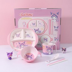 우허 쿠로미 캐릭터 식판 5종 세트, 접시 + 양수 그릇 + 컵 + 숟가락 + 젓가락 2개입, 1세트, 핑크 + 화이트