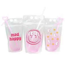 Pretty Robes Pink Mad Happy 재사용 가능한 프레피 선물 음료 파우치 빨대 흘림 방지 리필 가능한 음료 번개 스마일리 페이스 & 스타 디자인 15개 세트, Pretty Robes Pink Mad Happy 재사