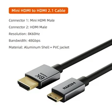 CABLETIME HDMI-HDMI 케이블 HD 8K 60Hz 고속 2.1 태블릿 카메라용 48Gbps 코드, 01 3M, 01 Mini HDMI to HDMI