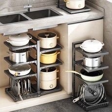 Trendigo 주방 냄비 후라이팬 정리대 높이조절 싱크대 하부장 정리 선반 수납, 1개, 블랙, 5단