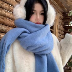 簡約圍巾 韓系氛圍感克萊因藍色圍巾女冬季加厚保暖素色防寒馬海毛圍脖 韓版 保暖百搭