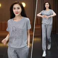 Ashysnow 캐주얼 트레이닝 세트 여성 여름 패션 라운드 큐빅 레터링 프린트 조거 캐주얼 바지 투피스