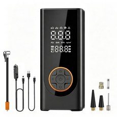 PCMOS 휴대용 무선 에어펌프 6000mAh 보조배터리 LED손전등 자동차 자전거 오토바이 구기류 다용도 공기주입기, 블랙, 1개