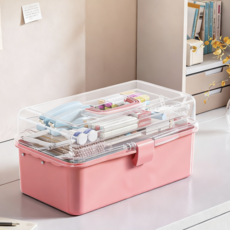 大容量工具箱多功能工具箱 文具收納盒大容量學校美術生文具整理盒子多層美甲工具整理箱藥箱, 1個, 薔薇粉,【中號】容量一般