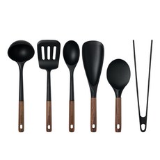 트루쿡 북미산 월넛 실리콘 조리도구 6종 세트, 1세트, 블랙, 국자+뒤집개+서빙스푼+멀티스푼+주걱+집게