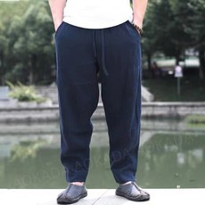 AOKADA 남성 여름 린넨 배기 팬츠 밴딩 웨스트 캐주얼 면 마 바지