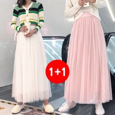 마쿠쿠 1+1 세트 메쉬 무지 여성 레이스 플레어 A라인 롱 스커트 치마