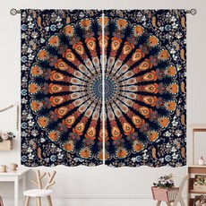 인도 히피 보헤미안 커튼 아름다운 공작 만다라 암막 봉 포켓 패널 멀티 컬러 거실 침실 주방 창문 드레이프 세트 106.7x114.4cm