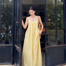 Satiko 여성용 옐로우 나시 롱 원피스 시원한 린넨 스타일 A라인 체형커버 빅사이즈 민소매 여름 휴양지룩 바캉스 여행용 롱스커트 하늘하늘한 청순한 코디 무지 심플 베이직