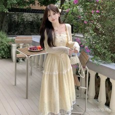 Yellwell여성 봄 여름 레이스 미디 원피스 러블리 슬리브리스 드레스LST