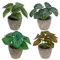 Woration 4피스 인공 식물 화분 작은 가짜 열대 인조 녹색 잎 실내 사무실 책상 선반 욕실 홈 데코, 4 Pack 4 Style