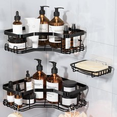 MAXIFFE 비누 홀더가 있는 3팩 코너 샤워 캐디 대용량 튼튼한 접착 스테인리스 스틸 드릴 필요 없는 샤워 정리함 선반 랙 보관 욕실 가족 임대인을 위한 샤워 내부 랙, MAXIFFE 비누 홀더가 있는 3팩 코너 샤워 캐디,